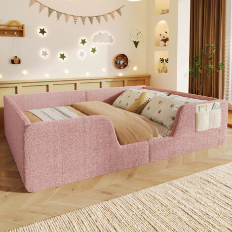REDOM Cama infantil 140x190 cm con barandillas desmontables y bolsillo integrado, terciopelo rosa (Sin colchón)