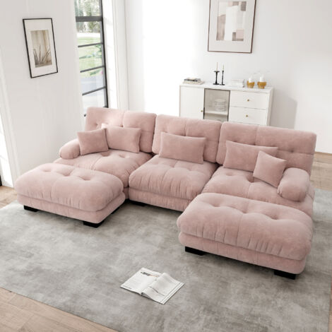REDOM Sofá 3 plazas modular, configuración en U o en esquina, asiento profundo, otomanas móviles, chenilla rosa