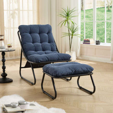 REDOM Sillón de jardín con otomana, respaldo reclinable, cojín acolchado, estructura de acero ,azul marino