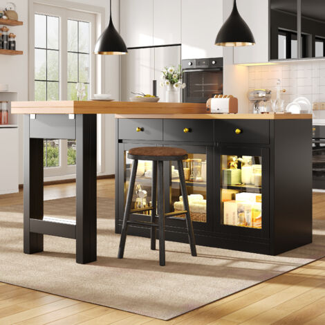 REDOM Isla de cocina 120/200x40x75.5 cm extensible, LED RGB controlada por app, 3 cajones, MDF negro