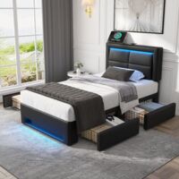 Cama tapizada 90x190 cm con USB y carga inalámbrica, LED y 4 cajones, práctica PU negro(Sin colchón)