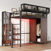 REDOM Cama alta 90x200 cm con armario, escalera con almacenaje y LED, metal y madera, negro (sin colchón)