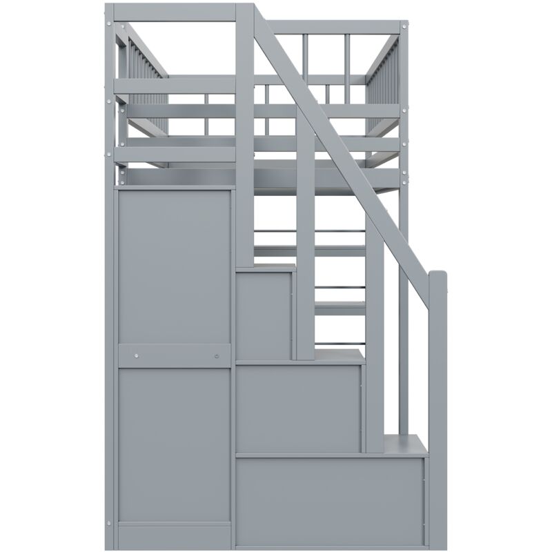 Lit Superposé Multifonction En Bois Avec Escalier Rangement - Gris 190x200 Cm, Idéal Pour Ados Et Petits Espaces