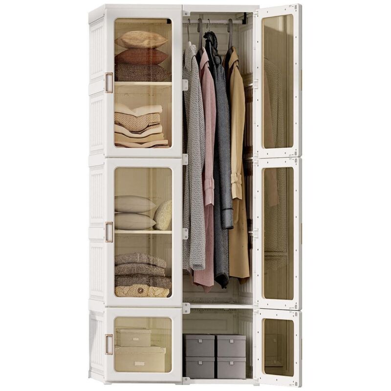Armoire pliante 10 compartiments et 6 portes, 1 tringle - L69cm, H170cm - Armoire à portes transparentes - Kit dressing design simple - Blanc | Leroy Merlin