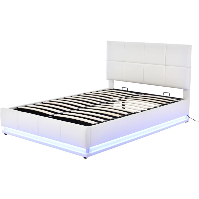 Lit de rangement hydraulique - MISNODE - 160x200cm - Gris - Avec télécommande - LED lumineux Lit de rangement hydraulique - MISNODE - 160x200cm - Gris - Avec télécommande - LED lumineux