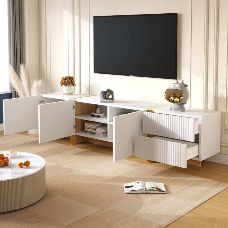 Meuble TV Blanc YEHTOKHOME 190 Cm - 3 Portes, 2 Tiroirs, étagères, Design Moderne (blanc Et Noir) - 9