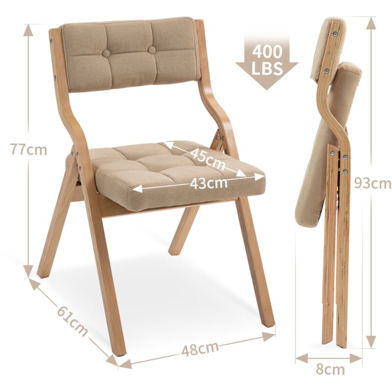 COSTWAY Lot de 2 Chaise Pliante avec Dossier Courbé, Chaises de Salle à Manger Rembourrées, Structure en Bois de Caoutchouc, pour Salle à Manger, Salon, Cuisine, Charge 150 kg (Naturel+Beige