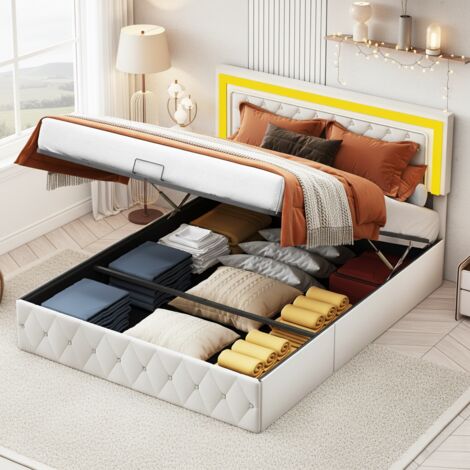 Lit coffre 160x200 cm, lit double avec rangement, avec tête de lit éclairée par LED décorée de diamants, sommier à lattes, design, Beige (1/5)