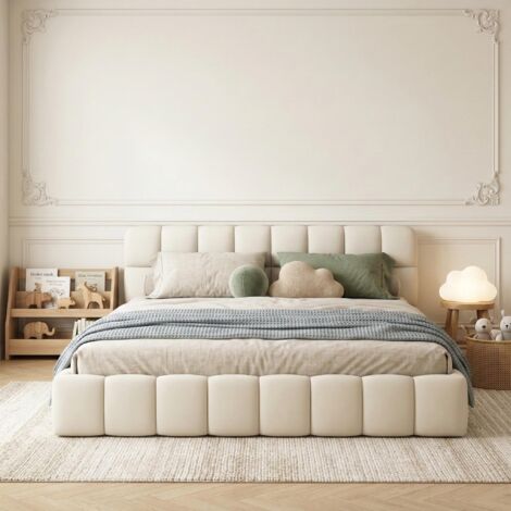 Lit 160x200 cm, avec dossier moelleux, cadre de lit, sommier à lattes, tête de lit, Lit double tissu lin, design moderne, Beige