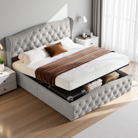 Lit coffre 160x200 cm, lit double avec rangement, tête de lit décorative à losanges, sommier à lattes en bois, lin, design moderne, Gris (1/5)