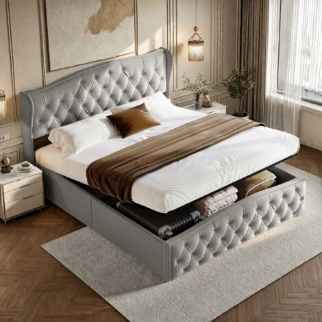 Lit Coffre Double 140x200 cm en Velours Gris - Tête de Lit Capitonnée Diamant - Rangement Hydraulique et Sommier Inclus - Scandinave (1/5)