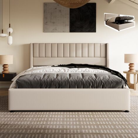 Tanant – Lit coffre 160x200 cm avec rangement hydraulique – Tête de lit cannelée – Tissu lin beige – Sommier à lattes pour confort optimal (1/5)