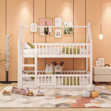 Lit superposé enfant 90x200cm, lit superposé avec escalier, design loft,sommier à lattes, cadre de lit superposé en bois massif, Blanc