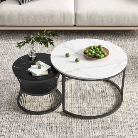 Lot de 2 tables basses gigognes 70/45cm - motif marbre, cadre doré, mode luxe - noir + blanc