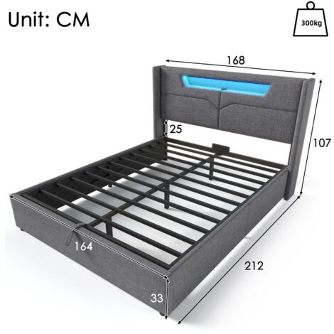 Lit Double 160x200 Avec Coffre Et LED – Tête De Lit Capitonnée, Ports USB, Sommier à Lattes, Rangement Hydraulique, Sans Matelas