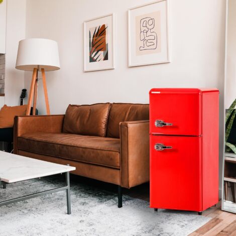 Tanant – Réfrigérateur rétro 86,8x45,5cm – 2 portes – Volume 60L + congélateur 22L – Classe F – 163kWh/an – 46 dB – Rouge