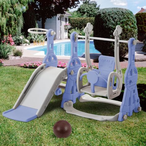 Tanant – Toboggan pour enfants 4 en 1 – Balançoire, échelle d'escalade, panier de basket – PEHD, 140 x 118 x 102 cm – Charge max 45 kg – Bleu