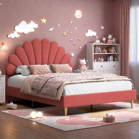 Tanant – Lit double 140x190 cm – Lit princesse avec tête de lit pétale – Sommier à lattes – Velours rouge haricot – 12 lattes renforcées pour confort optimal