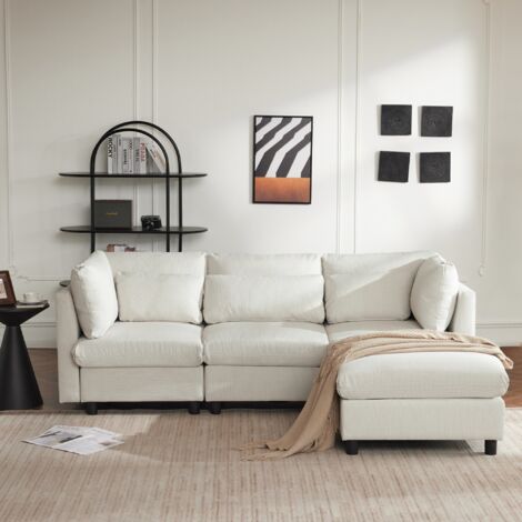 Tanant – Canapé d'angle 3 places convertible réversible avec repose-pieds – Coffre de rangement – Beige – 220x83x81cm (1/5)