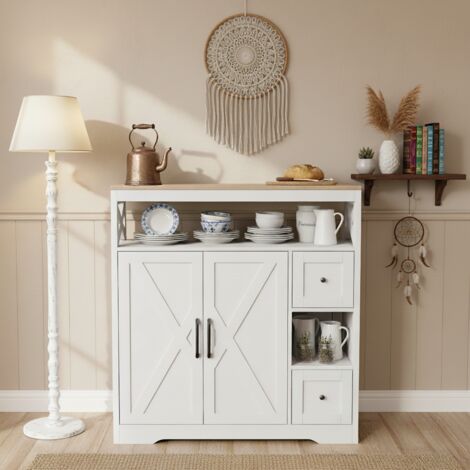 Buffet 3 tiroirs et 2 portes, meuble de rangement avec poignées noires, compartiments ouverts, plateau en bois, design moderne, Blanc (1/5)