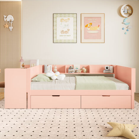 Lit simple 90 x 200 cm, avec bureau et 2 tiroirs, avec séparateurs, 2 positions, sommier à lattes, design moderne, Rose (1/5)
