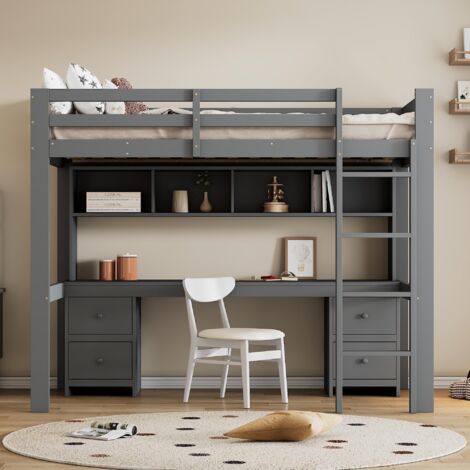 Lit mezzanine 90x200cm - lit enfant avec grand bureau avec 4 tiroirs, étagères de rangement, escalier stable, sommier à lattes - gris