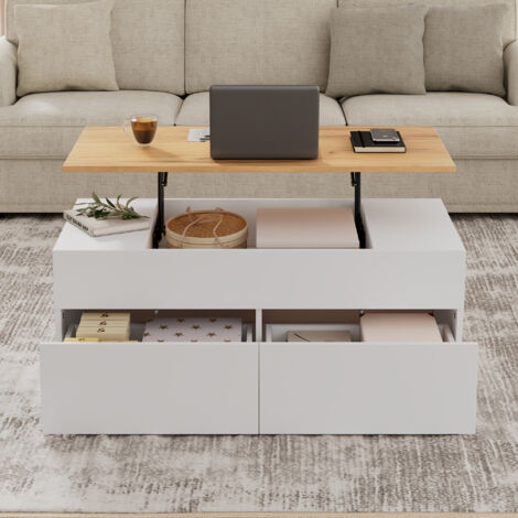 Table basse, table basse moderne avec fonction de levage, avec 2 tiroirs et compartiments de rangement ouverts, 100x50x40 cm, table d'appoint, design, Blanc (1/5)