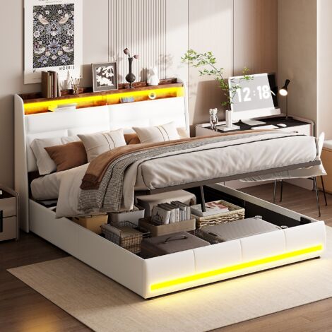 Tanant – Lit coffre 140x200cm – Lit capitonné avec éclairage LED et port USB – Rangement hydraulique – Design moderne en lin de coton blanc