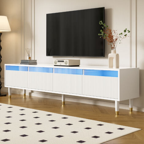 Meuble TV 178 cm, avec 4 tiroirs et éclairage LED, grand espace de rangement, pieds en métal, design moderne, Blanc (1/5)