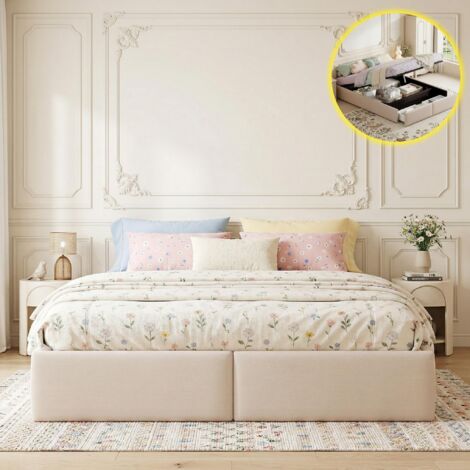 Lit coffre 160x200 cm avec rangement, 2 tiroirs, sommier à lattes, sans tête de lit, lit double style Scandinave, Beige