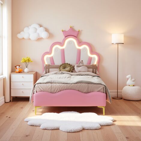 Lit simple 90x200cm - lit enfant tête de lit princesse couronne et avec barre lumineuse LED réglable, sommier à lattes, Lit simple style Scandinave - Rose