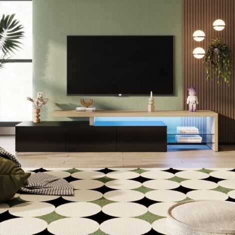 Meuble TV moderne 200cm – Éclairage LED 7 couleurs – Étagères en verre – Rangement optimisé – Design bois noir – Dimensions 200x39x42cm
