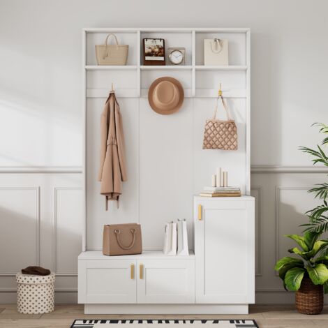Tanant – Ensemble de meubles d'entrée – Armoire avec banc et étagère à chaussures – 200 x 120 x 40 cm – 3 crochets – Rangement ouvert blanc