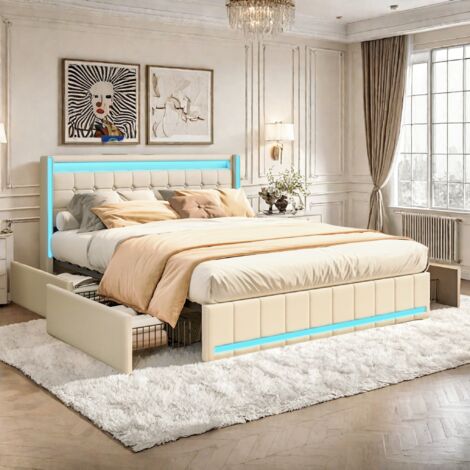 Tanant – Lit double 160x200 cm avec 4 tiroirs de rangement – Tête de lit avec éclairage LED et ports USB – Lin beige pour adolescents et adultes (1/5)