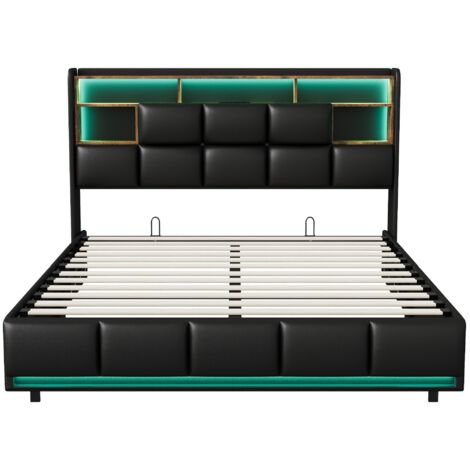 Lit double Lit coffre 140x200cm, Lit avec chargement USB et éclairage