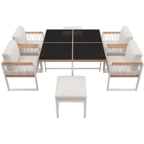Ensemble de salle à manger de jardin 7 pièces, pour 6 personnes, table en verre trempé avec revêtement en rotin synthétique, plateau en bois d'acacia, idéal pour l'arrière-cour et le jardin - Beige (1/5)