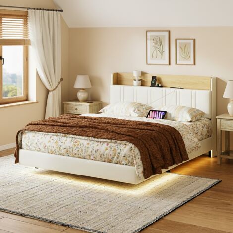 Lit adulte 140x200 cm, lit double avec tête de lit rangement, lit flottant avec LED et 2 ports USB, sommier à lattes en bois, style scandinave, PU, ​​Blanc