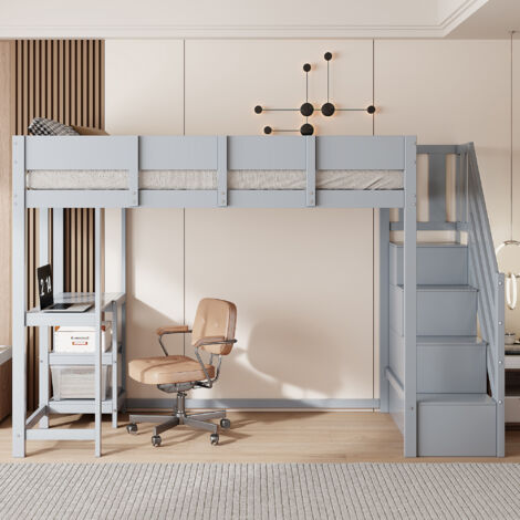 Tanant – Lit mezzanine 90 x 200 cm avec bureau et escalier de rangement – Barrière antichute – Structure en pin massif – Design moderne gris