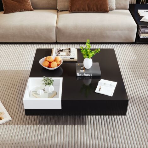 Table basse avec éclairage LED 72 x 72 x 30 cm, table de salon haute brillance, table d'appoint avec boîte de rangement amovible, style moderne, Noir (1/5)
