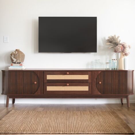 Tanant – Meuble TV 170 cm en bois massif et rotin – 2 tiroirs et 2 portes – Style scandinave – Grand espace de rangement marron
