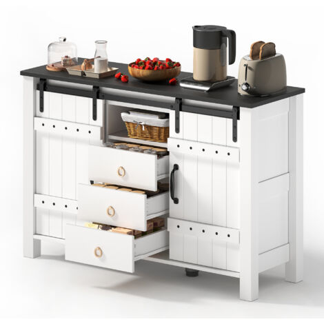 Buffet 120 cm, avec 3 tiroirs et portes coulissantes, avec plateau en bois, Offre un espace de rangement généreux, idéal pour les cuisines, les salles à manger et les salons, Blanc (1/5)