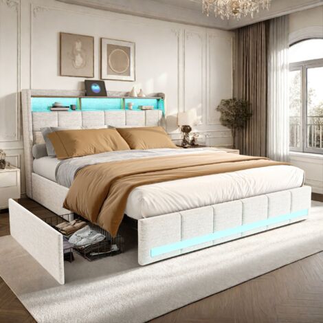 Tanant – Lit double 140x190 cm avec 4 tiroirs – Éclairage LED intégré – 2 ports USB – Sommier à lattes en bois – Tissu lin beige – Design scandinave