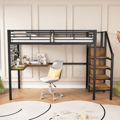 Lit mezzanine enfant 90x200cm, avec table et armoire, marchepieds latéraux avec mains courantes, base en métal, cadre de lit en fer forgé, style industriel, Noir