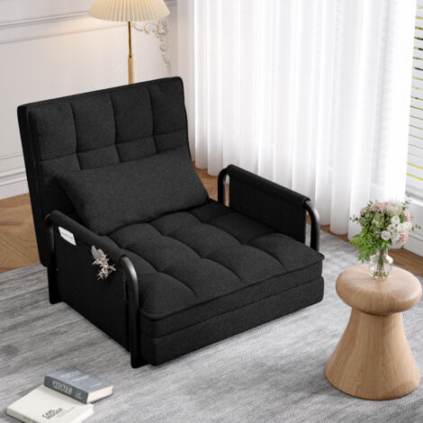 Fauteuil relax, Fauteuil 2 en 1 avec 5 positions d'inclinaison réglables, dossier confortable, structure en métal, tissu, design moderne, Noir