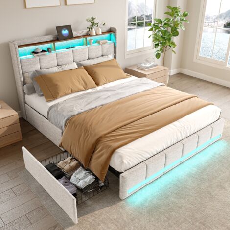 Tanant – Lit adulte scandinave 140x200cm avec 4 tiroirs – Tête de lit éclairée LED – 2 ports USB – Sommier à lattes en lin beige