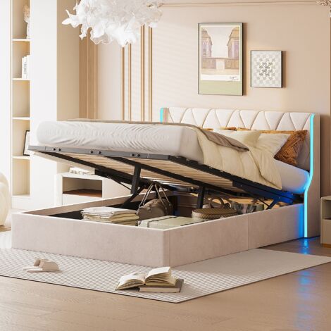 Tanant – Lit coffre 160x200 cm – Rangement XL en velours – Tête de lit ergonomique 105 cm – Intégration LED dimmable – Beige