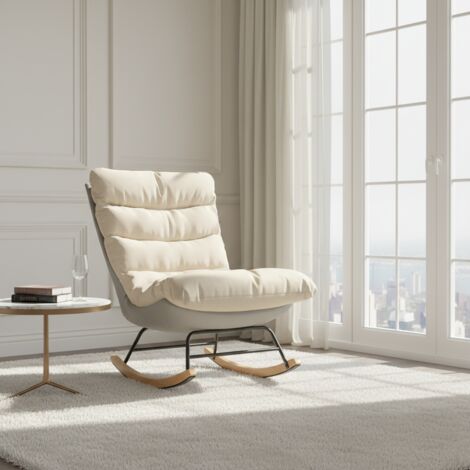 Tanant – Fauteuil à bascule en tissu beige – Dossier confortable – Pieds en bois – Dimensions 83x54x93cm – Pour salon, chambre et balcon (1/5)