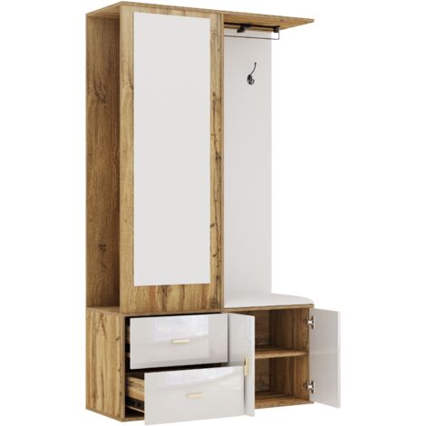 ModernLuxe Ensemble Porte-Manteaux Mural Blanc & Bois – Miroir, Étagère Chaussures, Banc, Crochets & Tringle Extensible – Entrée Minimaliste