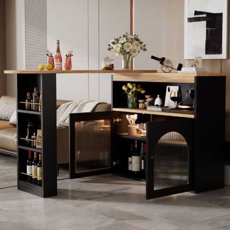 Meuble bar, Table de bar avec plusieurs compartiments ouverts et portes vitrées, bande lumineuse LED à couleur changeante, table de bar extensible, 138-193 x 39 x 105 cm, Noir