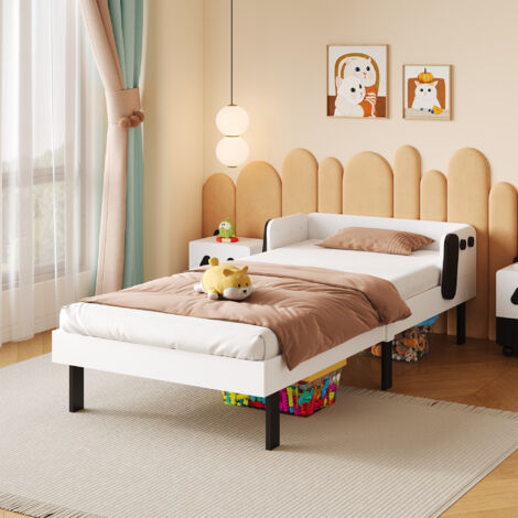 Lit simple 90x200 cm, lit enfant avec sommier à lattes, jolie tête de lit, convient aux adolescents, enfants, design moderne, blanc (1/5)